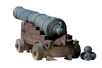 Photo of an old artillery cannon, the 32-pounder Blomefield, widely used in 16th century fortifications, isolated on a transparent background