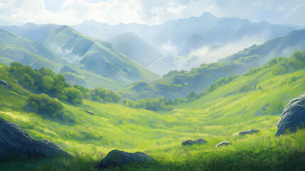 Fototapeta premium Weite grüne Landschaft mit Bergen und Nebel am Morgen