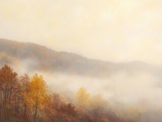 A misty morning landscape with autumnal colors in the trees.  A beautiful scene of nature's beauty.