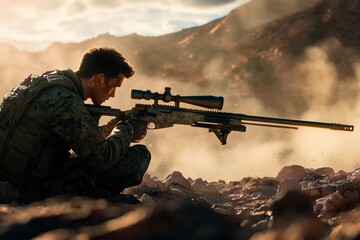 Fototapeta premium A skilled marksman surveys the rugged landscape at dusk, readying for the shot. Generative AI