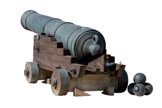 Photo of an old artillery cannon, the 32-pounder Blomefield, widely used in 16th century fortifications, isolated on a transparent background