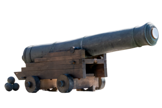 Photo of an old artillery cannon, the 32-pounder Blomefield, widely used in 16th century fortifications, isolated on a transparent background