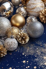 Elegant display "2025" in gold and silver ornaments against a deep blue background, perfect for New Yeara??s celebrations.