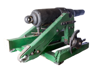 Photo of an old artillery cannon, the Withworth 32-pounder, widely used in 17th century fortifications, on a green wooden base, isolated on a transparent background.