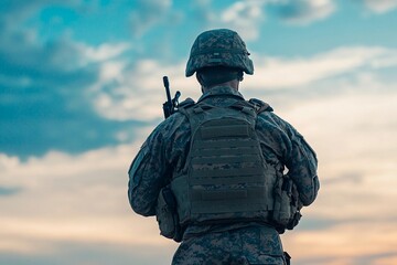 A soldier in military attire surveys the vast landscape as the sun sets, bathed in warm tones
