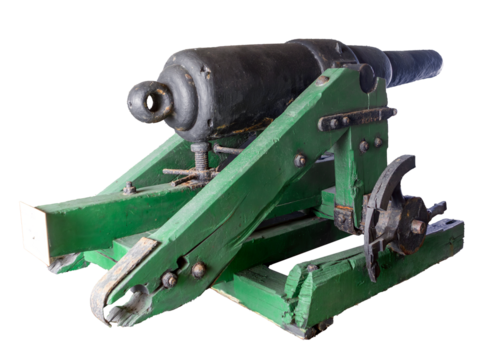 Photo of an old artillery cannon, the Withworth 32-pounder, widely used in 17th century fortifications, on a green wooden base, isolated on a transparent background.
