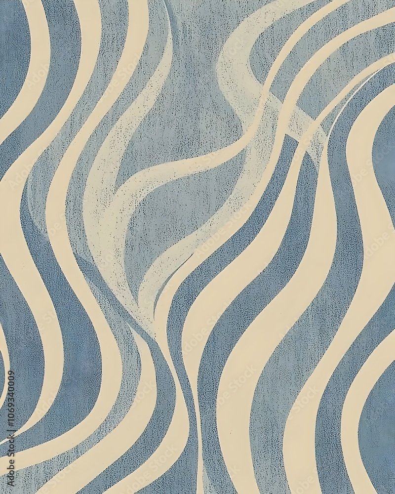 Poster an abstract composition featuring flowing waves in shades of blue and cream, creating a serene and c