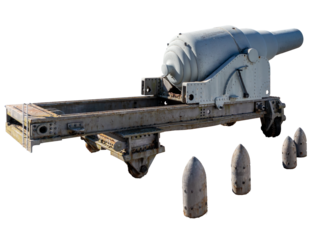 Photo of an old 550-pound or 280 mm Armstrong artillery cannon, widely used in 19th century fortifications, isolated on a transparent background.