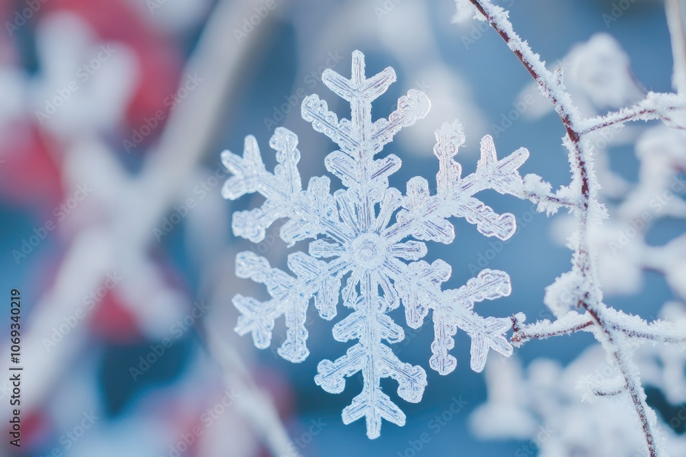 Poster close-up of a delicate snowflake on a tree branch, perfect for winter or holiday-themed designs