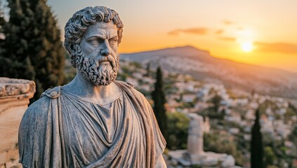 Ancient Greek philosopher statue at sunset with scenic background