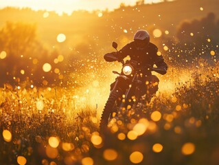 Naklejka premium A motorcyclist rides through a field of tall grass at sunset, the warm light creating a dreamy atmosphere.