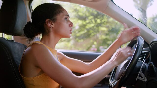 Angry African American woman female businesswoman shouting traffic jam conflict road driver auto car vehicle transport horn wheel accident signal annoyed warning steering girl screaming business city