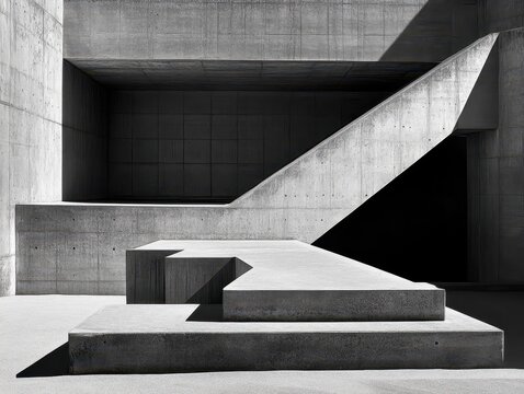 Modern minimalist concrete architecture with geometric shadows.