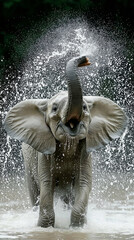 Young elephant enjoying a refreshing water splash in the wild