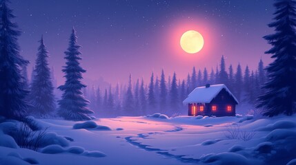 Snowy Winter Night with a Cozy Cabin and Starry Sky