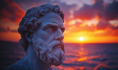Close-up of Greek philosopher statue at vibrant sunset