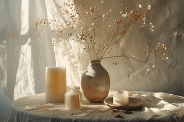 A table set with a vase and candles, perfect for a dinner party or special occasion