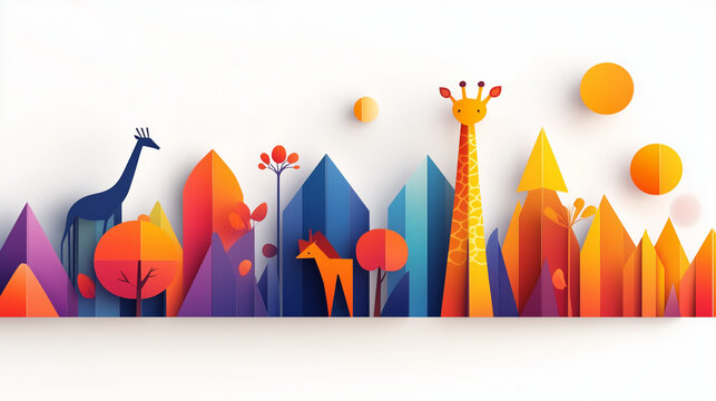 Grafische Elemente im Scherenschnitt-Stil stellen wilde Tiere, Berge und Landschaft dar, bunte Illustration f&uuml;r Kinder vor wei&szlig;em Hintergrund, Querformat