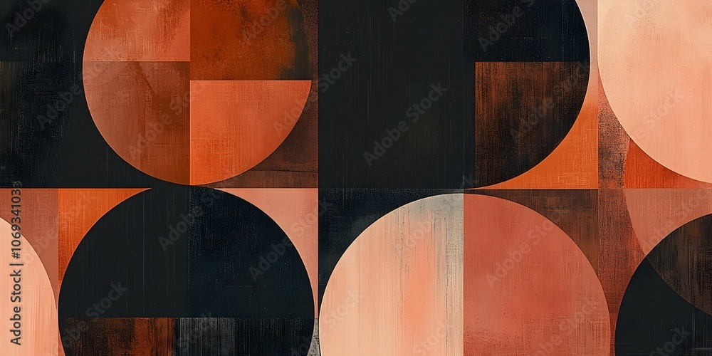 Poster an abstract design featuring a blend of circles and squares in warm hues of orange, brown, and black