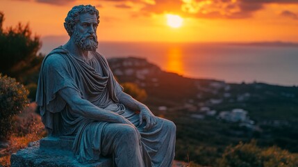 Seated Greek philosopher statue at sunset overlooking a landscape