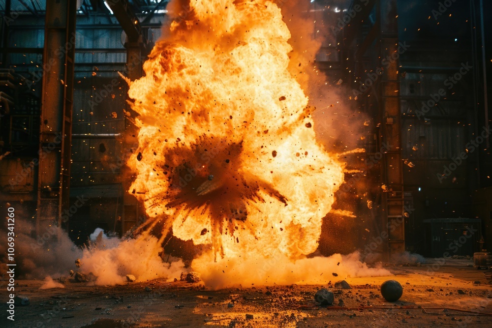 Poster a massive explosion in an industrial setting with flames and debris