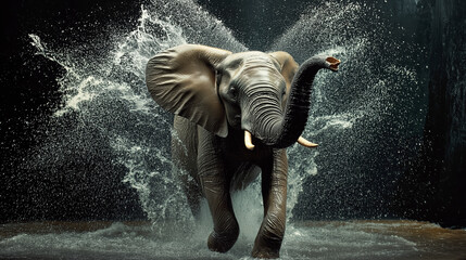 Wild elephant playfully spraying water, showcasing strength and grace