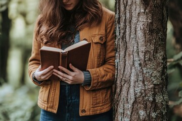 A woman sitting under a tree, engrossed in a book