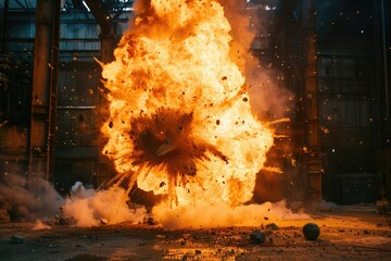 A massive explosion in an industrial setting with flames and debris