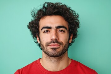 A person with curly hair wearing a bright red shirt, suitable for editorial or commercial use