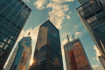 Obraz premium Urban scene with sunlight shining through skyscraper windows