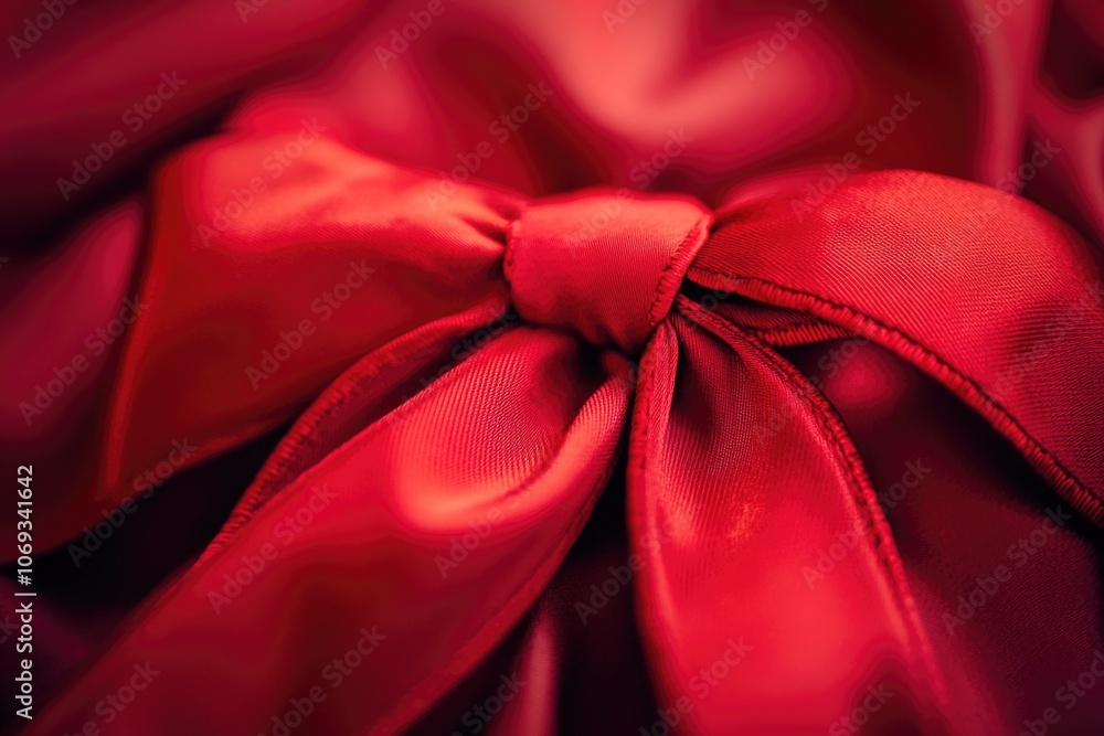 Poster a detailed view of a bright red bow sitting on a matching red cloth, perfect for highlighting or dec