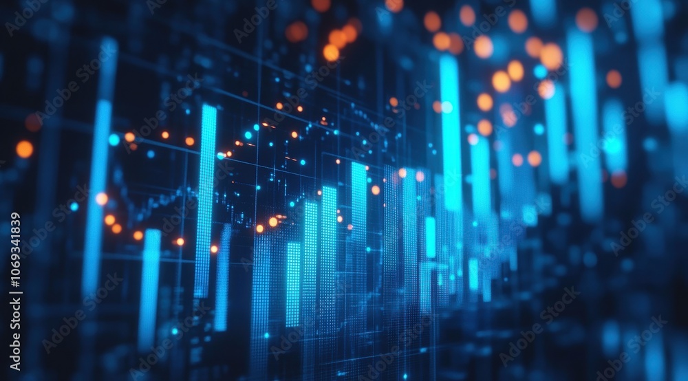 Poster abstract data visualization with glowing blue and orange charts and graphs.