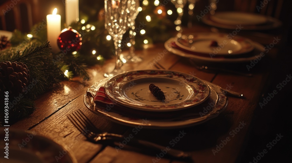 Poster A close-up of a wooden table set with plates and silverware, perfect for capturing a moment in a home or restaurant setting