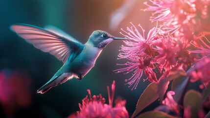 Naklejka premium Close-up of hummingbird feeding on pink flowers, illuminated by natural light