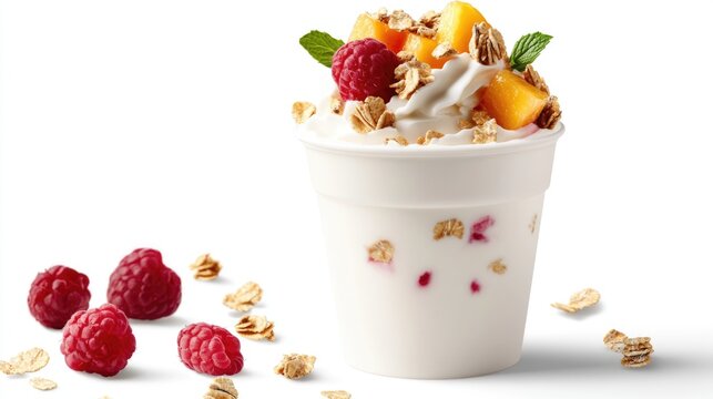 A bowl of yogurt topped with fresh fruit and crunchy granola, perfect for breakfast or snack