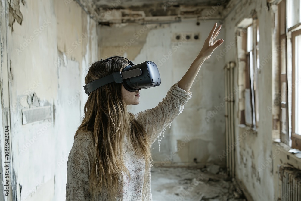 Aufkleber A person using virtual reality technology in a deserted structure