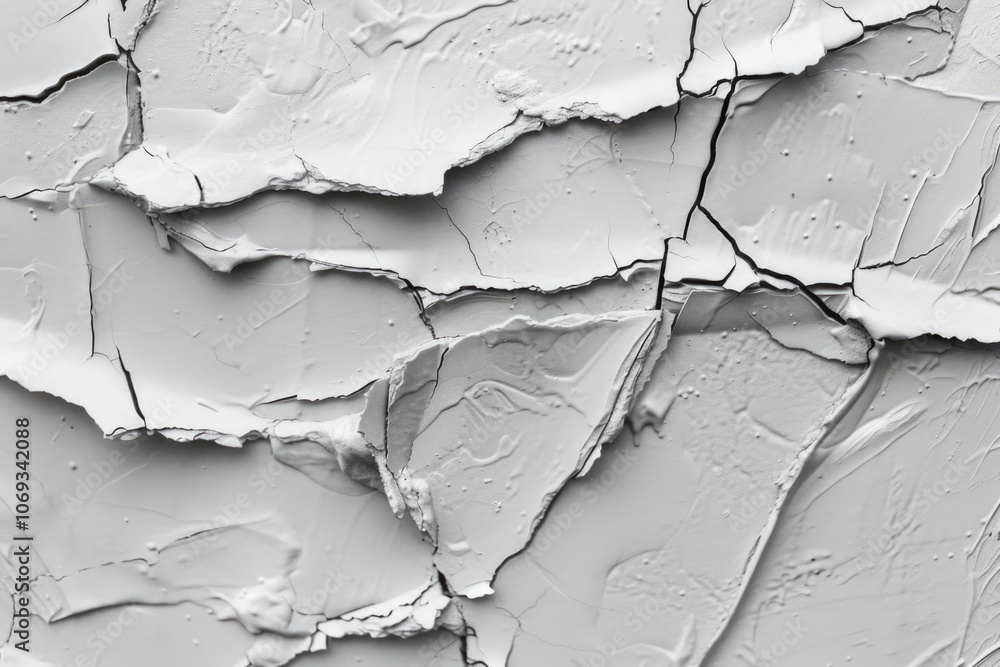 Poster a close-up shot of a cracked wall with white paint, suitable for use in interior design or architect