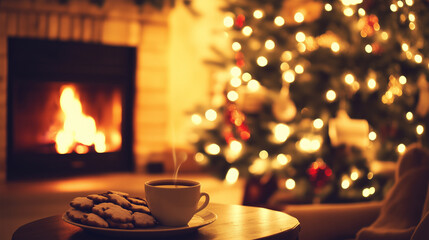 In einem weihnachtlich geschm&uuml;ckten Wohnzimmer steht der Christbaum am Kamin, im Vordergrund eine Tasse Tee mit Keksen, Querformat