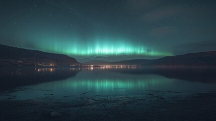 Northern Lights over Snowy Beach and Mountains at Night