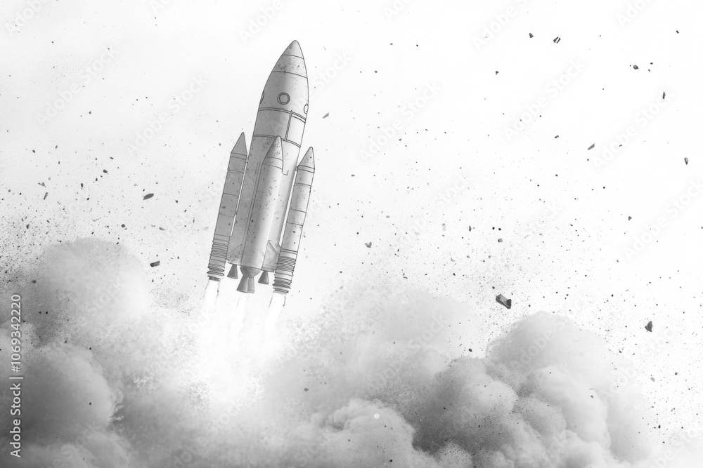 Poster a black and white photo of a rocket taking off, great for use in science or technology-related conte