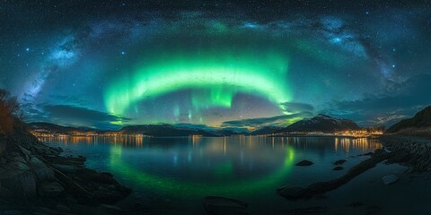 Naklejka premium Northern Lights over Snowy Beach and Mountains at Night