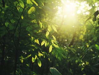 Sunlight peeks through lush green leaves in a forest, creating a warm and inviting atmosphere.