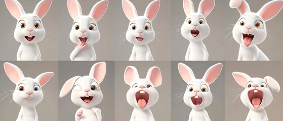 Obraz premium Cute Cartoon Rabbit with Different Expressions for Animation and Design, Cute Cartoon Rabbit with Different Expressions for Animation and