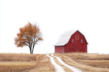 Obraz premium A rustic red barn sits atop a vast, dry field