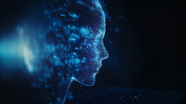 Die blaue Silhouette eines digitalen Gesichtes vor dunklem Hintergrund, digitale Inhalte schweben im Kopf, Querformat