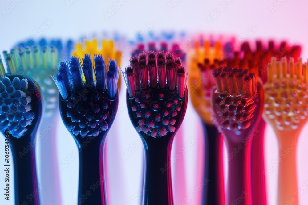 Poster a row of toothbrushes in different colors, useful for illustrations, designs and more