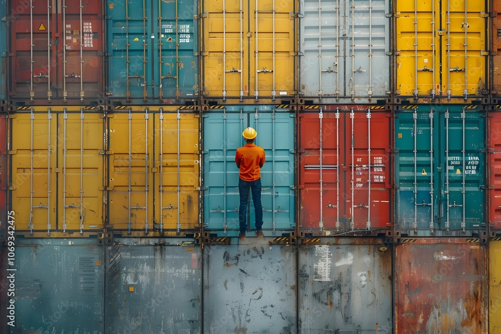 Poster worker in front of colorful shipping containers at a port