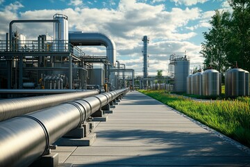 A vast industrial facility showcases its complex piping system, glistening under a bright sky