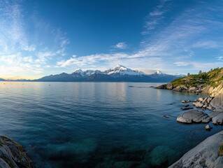Tranquil waters of a calm lake with snow-capped mountains in the background.