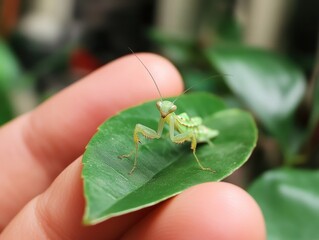A close-up of a green praying mantis perched on a leaf, held by a person's hand.